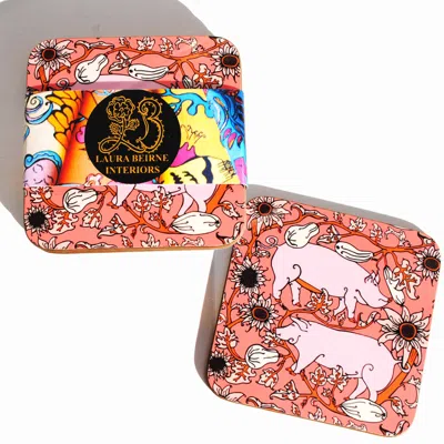 Laura B Interiors Pink / Purple Set Of 6 The Coral Country Pig Coasters