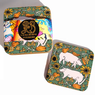 Laura B Interiors Set Of 6 The Green Country Pig Coasters In Multi