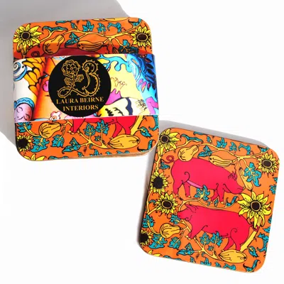 Laura B Interiors Set Of 6 The Orange Country Pig Coasters In Multi