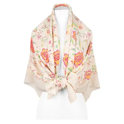 Pre-owned Laura Biagiotti Silk Stole Printed With Multicolored Flowers In Sand