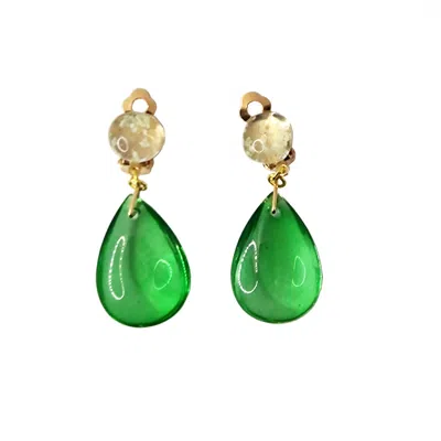 Laura Daili Women's Green / Gold Emerald Glow Dewdrop Clip-on Earrings In Neutral