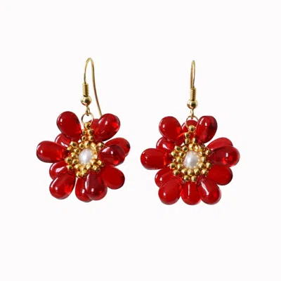 Laura Daili Women's Red / White / Gold Ruby Flower Glass Earrings