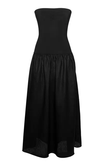 Laura Garcia Manon Strapless Drop-waist Jersey-linen Maxi Dress In Black