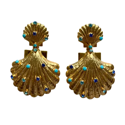 Laura Gray Women's Blue Crystal Gold Double Shell Earrings