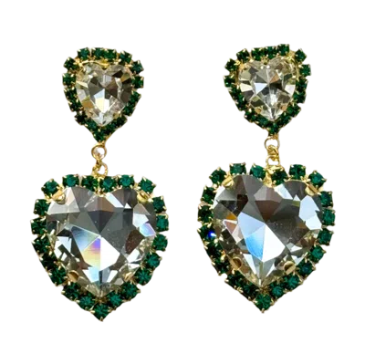 Laura Gray Women's Double Heart Emerald Green Crystal Post Earrings