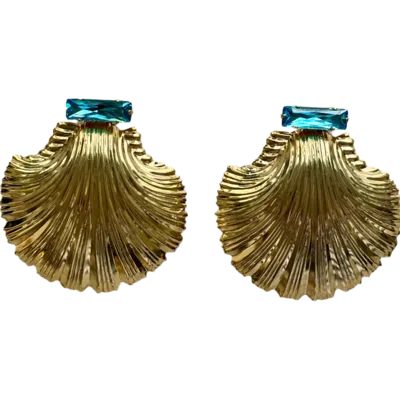 Laura Gray Women's Large Aqua Blue Crystal Gold Shell Earrings