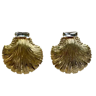 Laura Gray Women's Large Diamond Clear Crystal Gold Shell Earrings