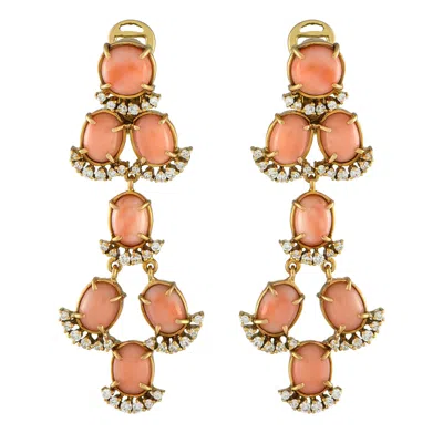 Pre-owned Laura Munder 18k Yellow Gold 1.35ct Diamond And Coral Clip-on Dangle Earrings
