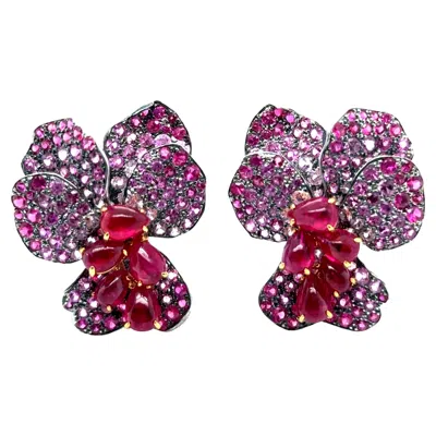 Pre-owned Laura Munder Floral Earrings With Rubies & Pink Sapphires By