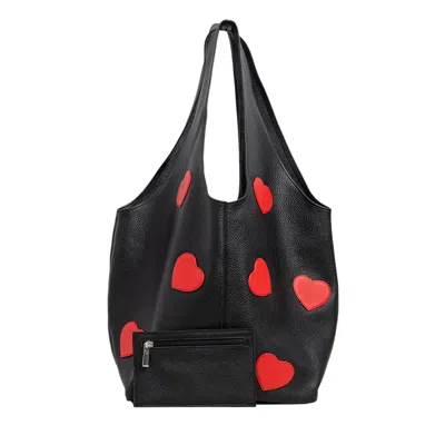Laura Olaru Women's Sack Black Leather Bag With Red Hearts Attached