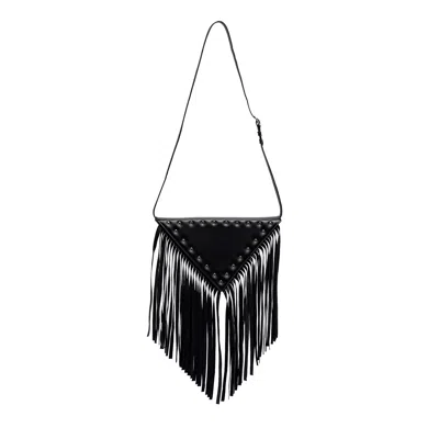 Laura Olaru Women's Triangle Maxi Black Leather Bag With Fringes And Staples