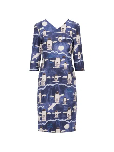 Laura Urbinati Penguin-print V-neck Midi Dress In Blue
