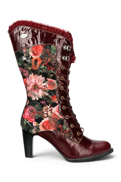 Laura Vita® Floral Womens Goth Victorian Red Leather Heeled High Boots - Alcbane-351