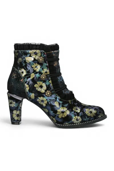 Laura Vita® Floral Womens Victorian Blue Leather Heel Ankle Boots - Alcbaneo-130 In Multi