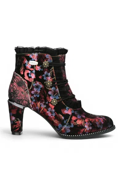 Laura Vita® Floral Womens Victorian Red Leather Heel Ankle Boots - Alcbaneo-130 In Multi