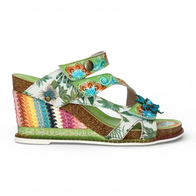Laura Vita® Women's Balade 32 Vert Green Floral Leather Wedge Espadrille Sandals