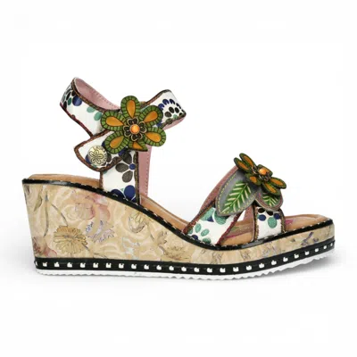 Laura Vita® Women's Ballon 08 Beige Floral Leather Wedge Espadrille Sandals In Multi