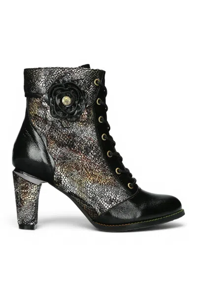 Laura Vita® Women's Black Leather Floral Heeled Lace-up Boots - Alcbaneo 173