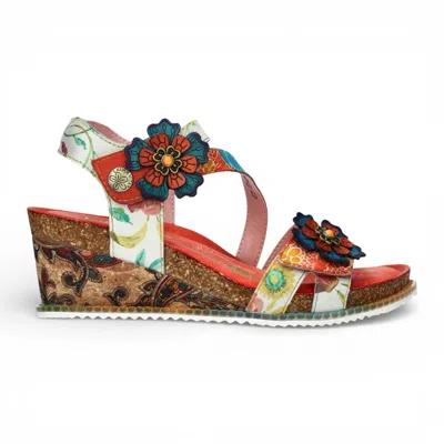 Laura Vita® Women's Bonito 32 Orange Floral Leather Wedge Espadrille Sandals