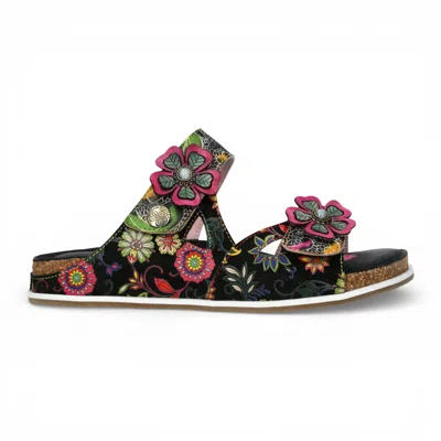 Laura Vita® Women's Brcyano 32 Black Floral Leather Strappy Slipper Sandals