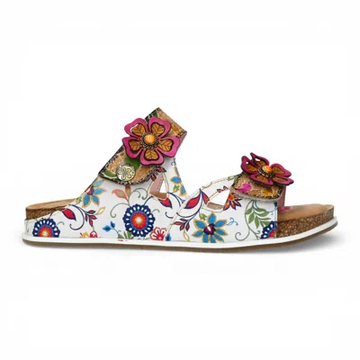 Laura Vita® Women's Brcyano 32 White Floral Leather Strappy Slipper Sandals In Multi