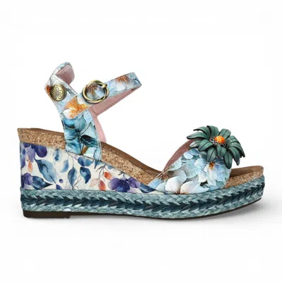 Laura Vita® Women's Facyo 75 Blue Floral Leather Wedge Espadrille Sandals