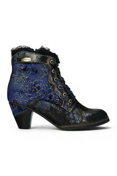 Laura Vita® Women's Floral Goth Victorian Blue Leather Heeled Ankle Boots - Alcizeeo-190