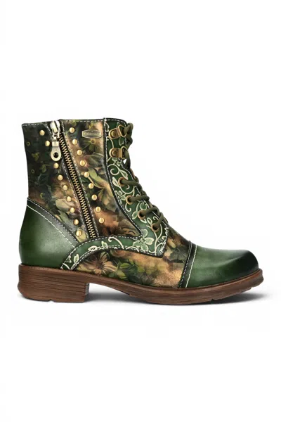 Laura Vita® Women's Green Floral Victorian Leather Lace-up Ankle Boots - Anitao - 15
