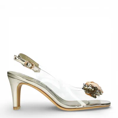 Laura Vita® Women's Mira 05 Clear Golden Slip-on Cinderella Tapered Pump Heel Ankle Strap Sandals In Metallic