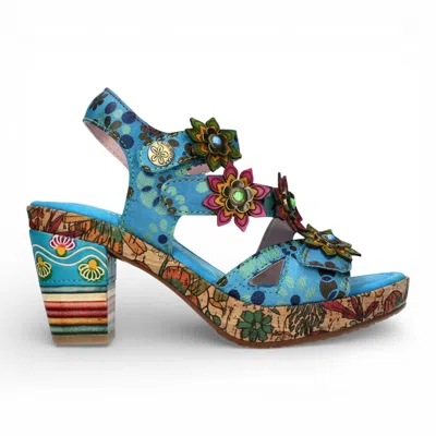 Laura Vita® Women's Nellao 33 Blue Floral Leather Wedge Heel Espadrille Sandals
