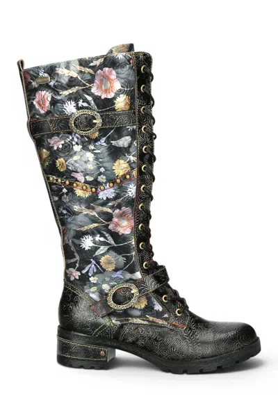 Laura Vita® Women's Victorian Floral Black Leather High Lace-up Long Boots - Cocrailo-82 In Multi