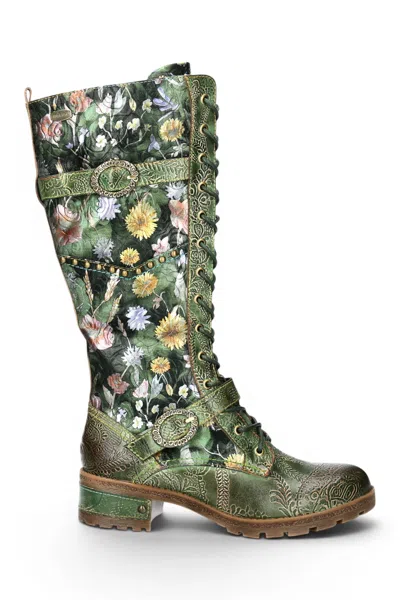 Laura Vita® Women's Victorian Floral Green Leather High Lace-up Long Boots - Cocrailo-82 In Multi