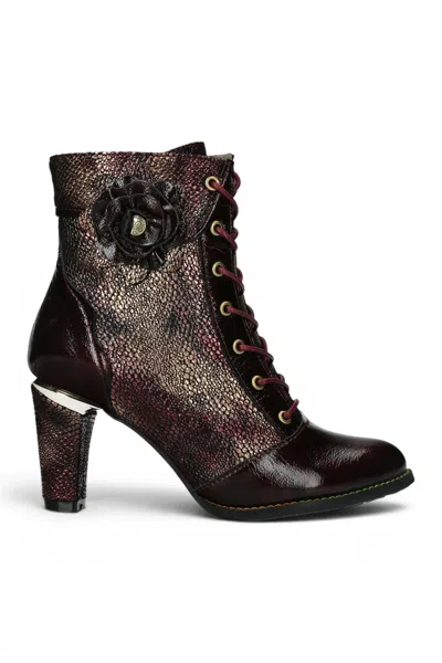 Laura Vita® Women's Wine Leather Floral Heeled Lace-up Boots - Alcbaneo 173 In Brown