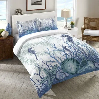 Laural Home Aquatic Seahorses And Sea Shells Microfiber Duvet Cover In Blue;white;green