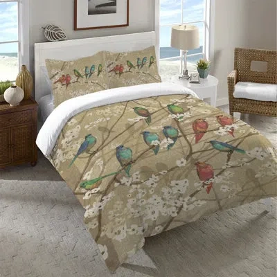 Laural Home Birds And Blossoms Microfiber Duvet Cover In Blue;brown