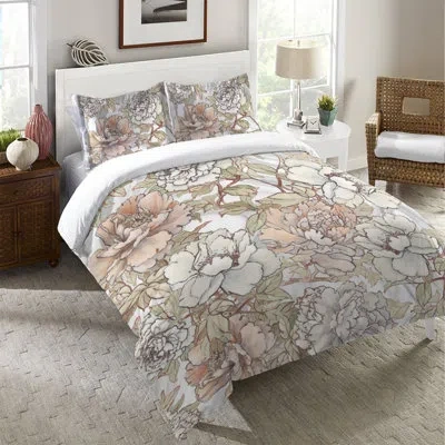 Laural Home Blushing Pale Pink Peonies Pink/white Microfiber Duvet Cover Set In Pink,white