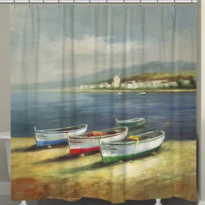Laural Home Boats On The Beach Single Shower Curtain In Blue