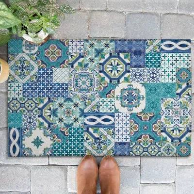 Laural Home Callisto Tiles Outdoor Door Mat In Blue