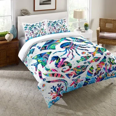 Laural Home Colorful Coastal White/blue/pink Microfiber Comforter In White,blue,pink
