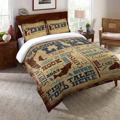 Laural Home Comforter And Shams Welcome To The Lake Single Reversible Comforter In Cream,brown,blue