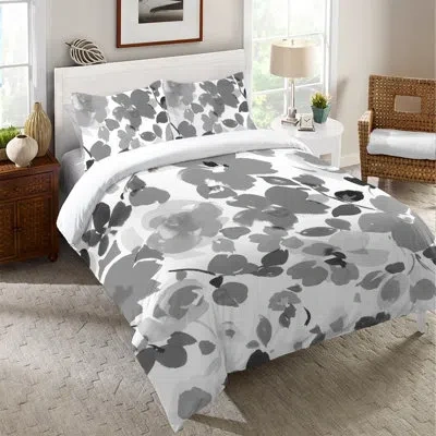 Laural Home Contemporary Florals Microfiber Duvet Cover In White;gray