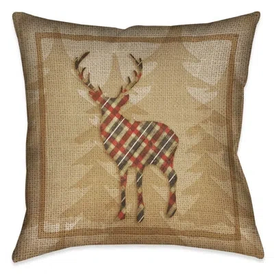 Laural Home Country Cabin Deer Plaid Bear Plaid Outdoor Throw Pillow In Multi