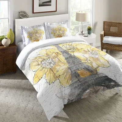 Laural Home Daffodil Blooms Eiffel Tower Microfiber Duvet Cover In White;gray;yellow