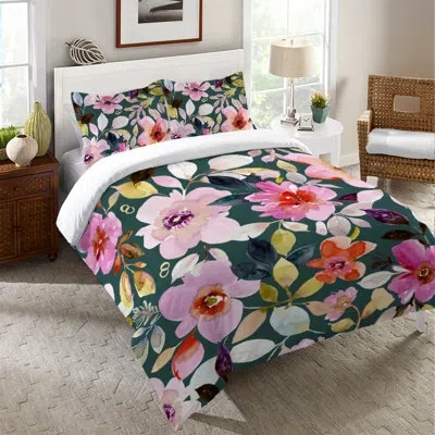 Laural Home Deep Flora Microfiber Duvet Cover In Green;pink