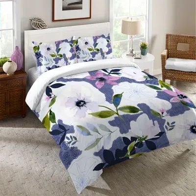 Laural Home Denim Floral Collage Microfiber Duvet Cover In White;purple