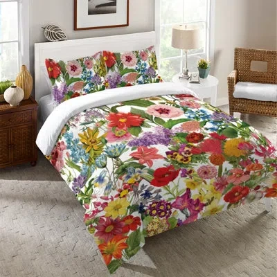 Laural Home Floral Jumble Microfiber Duvet Cover In Green;red;cream