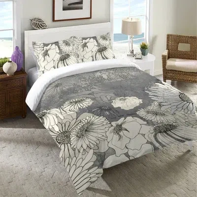 Laural Home Flowers On Grey Flowers On Gray Duvet Cover By  In Gray;cream
