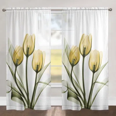 Laural Home Golden X-ray Floral Sheer Rod Pocket Single Curtain Panel