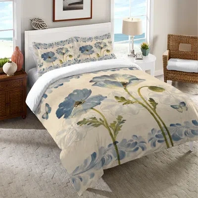 Laural Home Indigo Watercolor Poppies Microfiber Duvet Cover In Blue;green;ivory