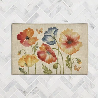 Laural Home Multi Watercolor Poppies Natural Lodge Chenille Rug In Orange,beige,green